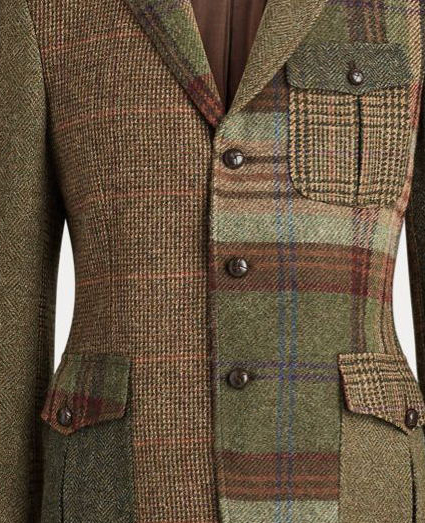 OK Vintage Patchwork Plaid Notch Lapel Single Breasted Pocket Blazer