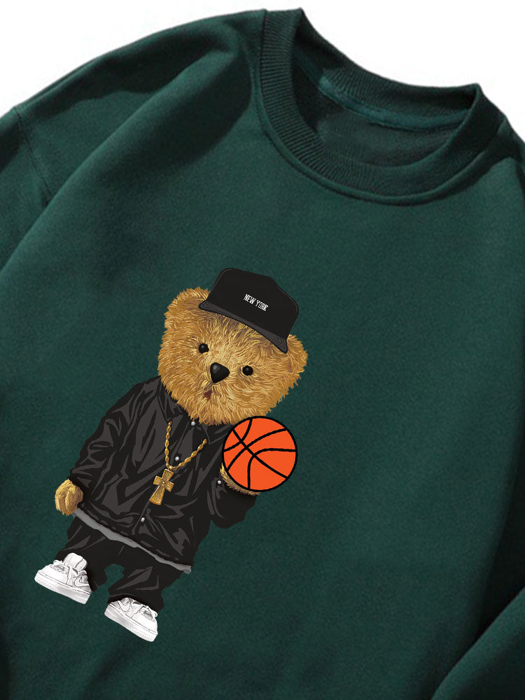 Basketball Bear Print Crew Neck Relaxed Sweatshirt