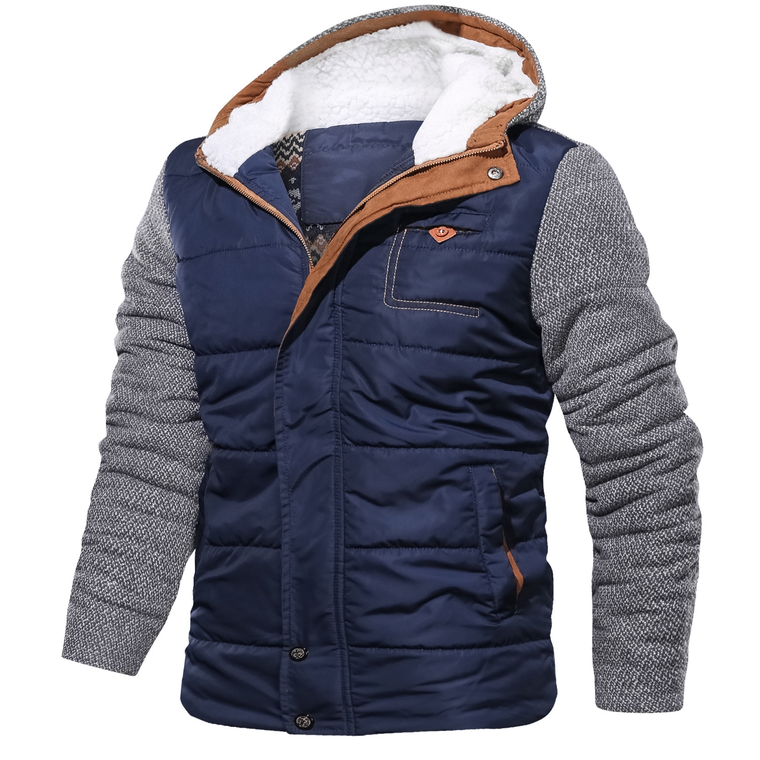 Men's Casual Stitching Warm Hooded Cotton Coat