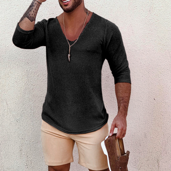 Men's Deep V Neck Breathable Linen Cotton Mid Sleeve T-Shirt