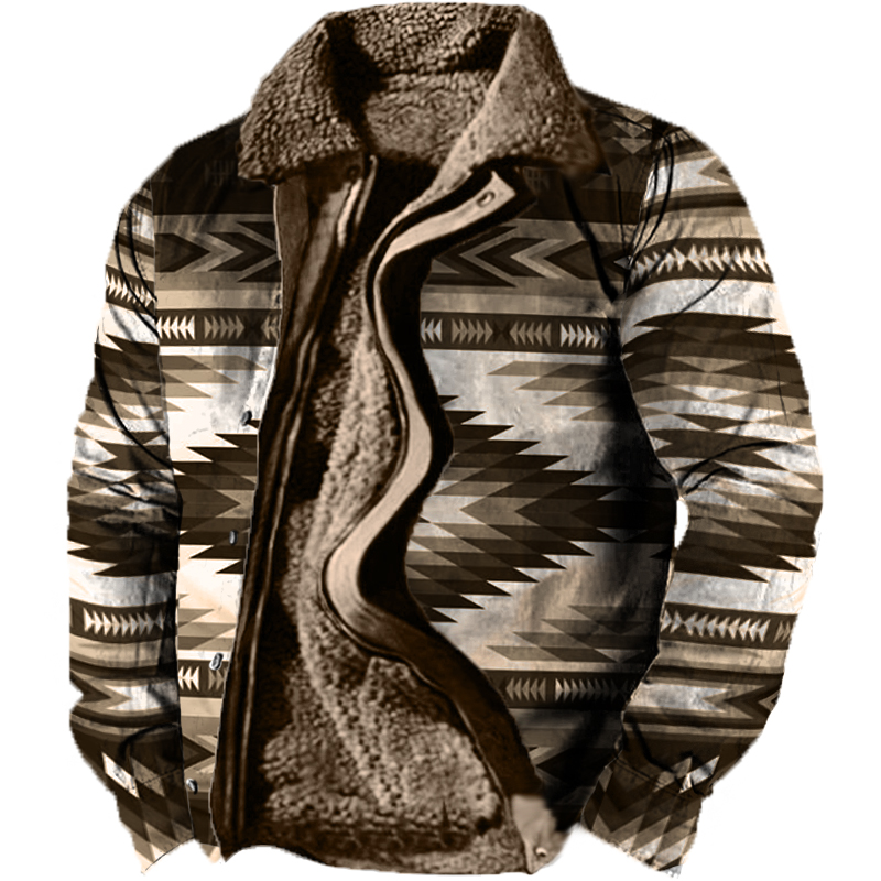 Men's Retro Ethnic Pattern Long Sleeve Fleece Jacket